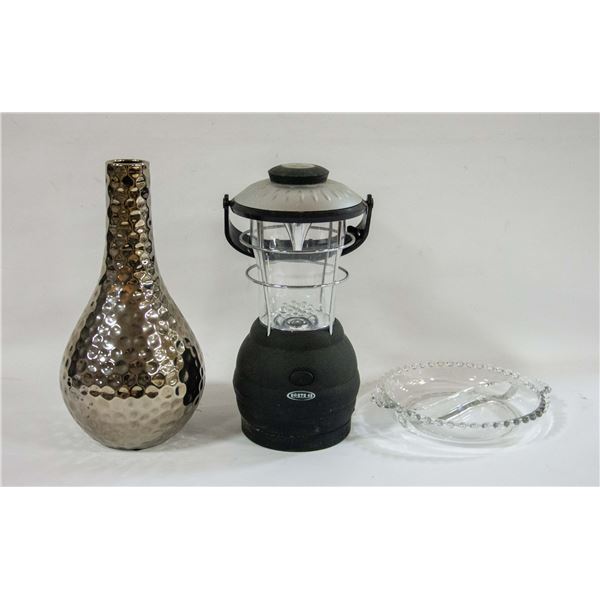 SURVIVAL LANTERN, VASE+GLASS SERVING PLATE