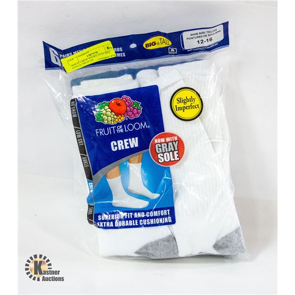 WHITE CREW SOCKS 12-16 SIZE 6-PACK FRUIT OF