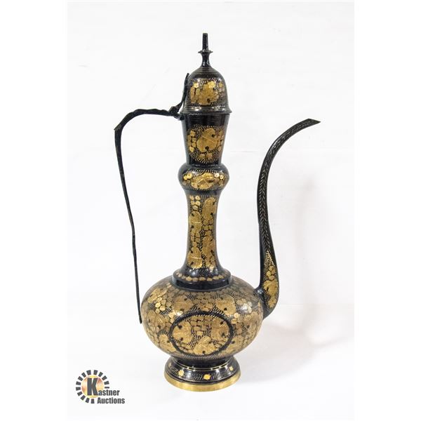 VINTAGE BRASS/ENAMEL ETCHED EWER 20" TALL