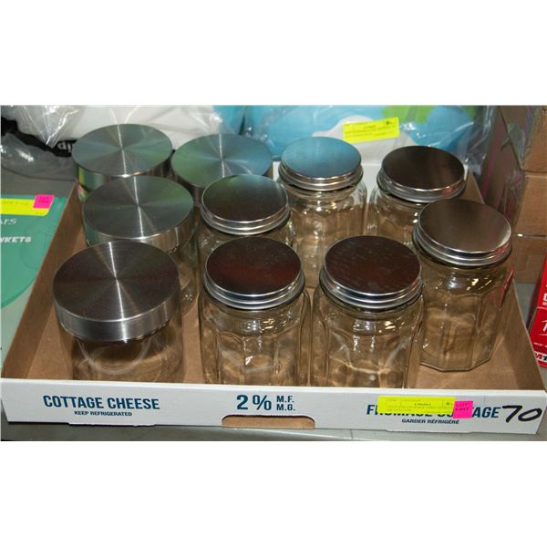 70 GLASS STORAGE JARS 10 PIECES SILVER LIDS