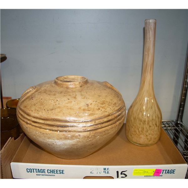 POTTERY VASE 10 INCH ROUND 17 INCH GLASS TAN