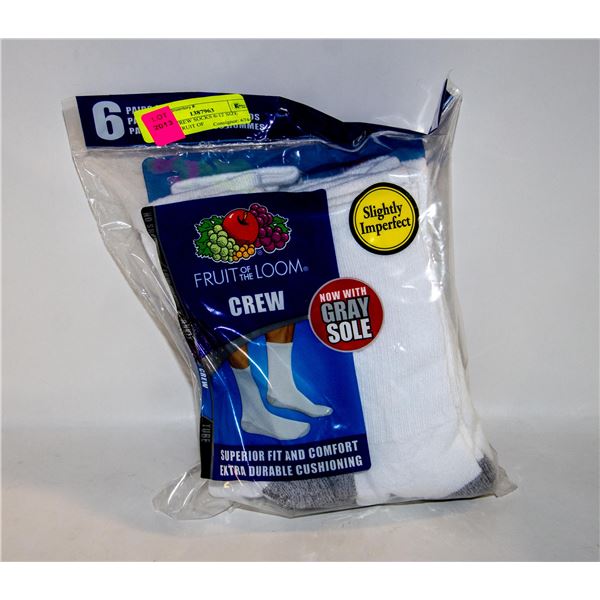 WHITE CREW SOCKS 6-12 SIZE 6-PACK FRUIT OF