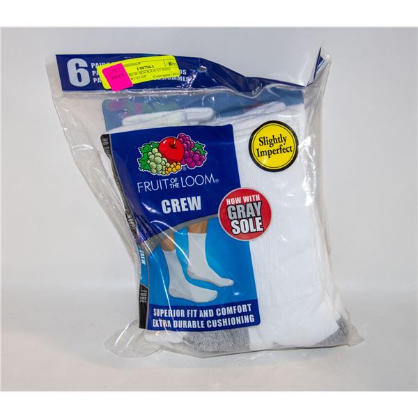 WHITE CREW SOCKS 6-12 SIZE 6-PACK FRUIT OF