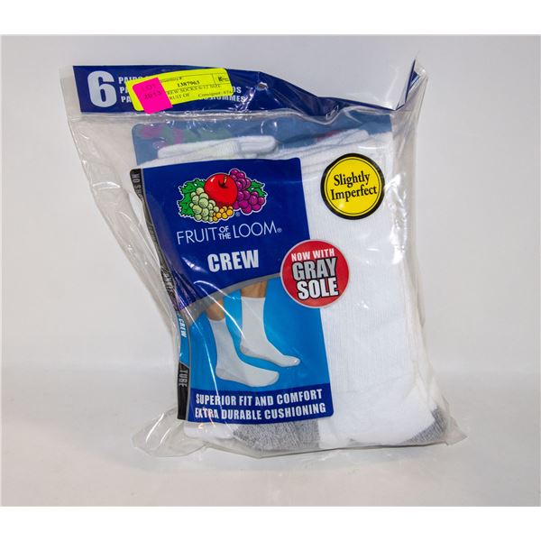 WHITE CREW SOCKS 6-12 SIZE 6-PACK FRUIT OF