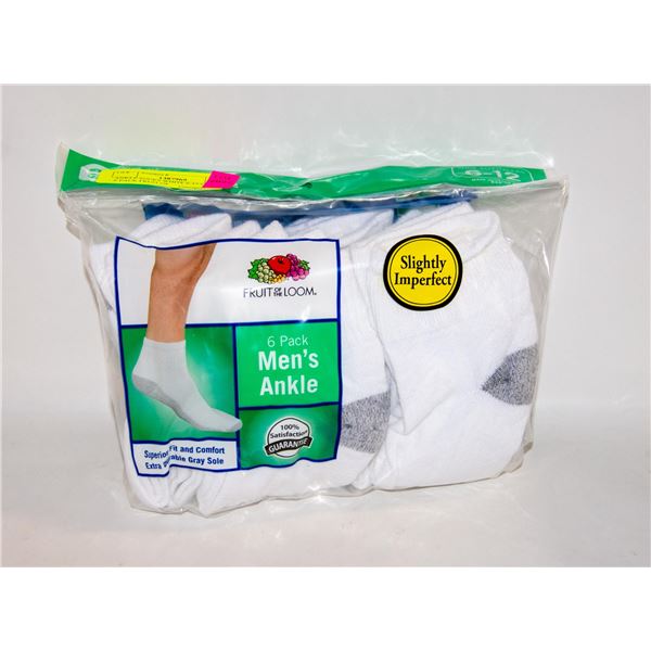 ANKLE SOCKS WHITE 6-12 SIZE 6-PACK FRUIT OF