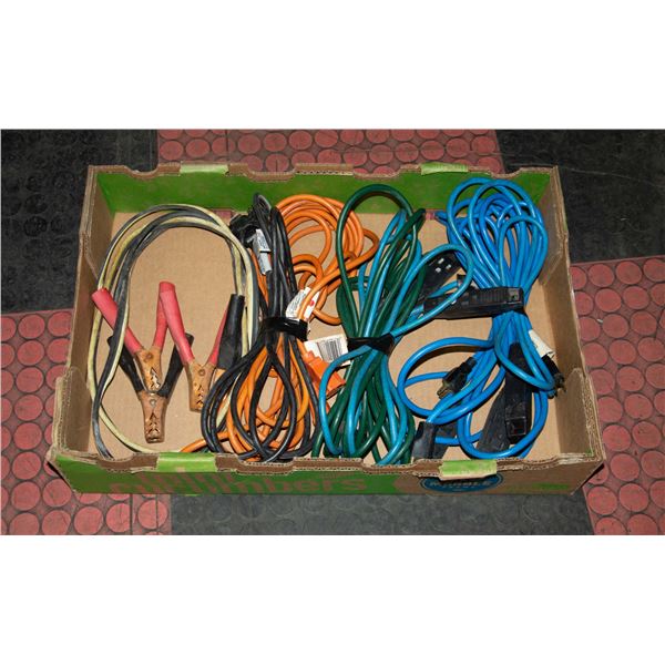 FLAT OF EXTENSION CORDS PLUS BOOSTER CABLES