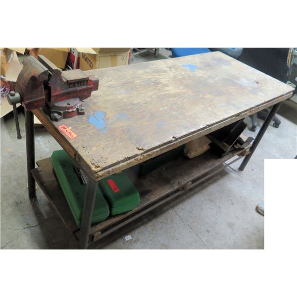 Wooden Table w/ Metal Legs 63" x 26" x 30"H w/ Wilton Vise Clamp