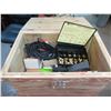 Image 1 : Wooden Box & Contents: Western CK-3 Hose Repair Kit, Microphone, Batteries, etc