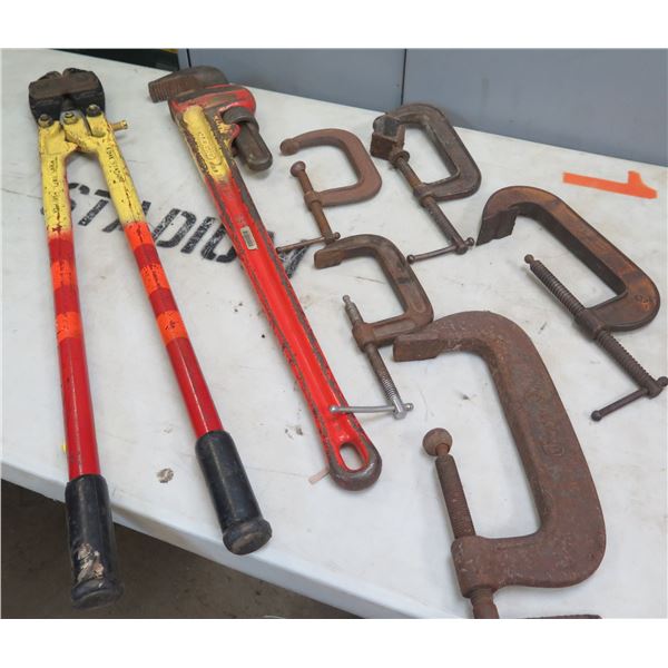 Qty 5 C-Clamps, Misc Sizes, Pipe Wrench & Bolt Cutter