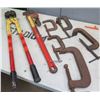 Image 1 : Qty 5 C-Clamps, Misc Sizes, Pipe Wrench & Bolt Cutter