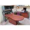 Image 1 : Curved Wooden Desk 83" x 102" x 29"H w/ Top Hutch Shelf, Undercabinet & Chair
