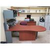 Image 2 : Curved Wooden Desk 83" x 102" x 29"H w/ Top Hutch Shelf, Undercabinet & Chair