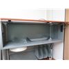 Image 10 : Curved Wooden Desk 83" x 108" x 29"H w/ Top Hutch Shelf, Undercabinets & Chair