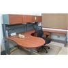Image 1 : Curved Wooden Desk 83" x 108" x 29"H w/ Top Hutch Shelf, Undercabinets & Chair
