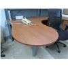 Image 2 : Curved Wooden Desk 83" x 108" x 29"H w/ Top Hutch Shelf, Undercabinets & Chair