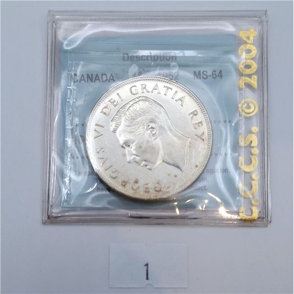 CCCS Graded MS-64 1952 $1 Canadian 80% Silver Coin