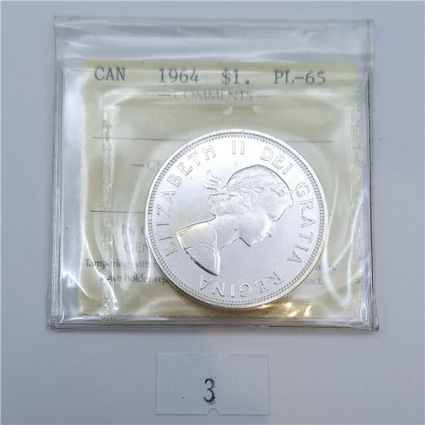 ICCS Graded PL-65 1964 $1 Canadian 80% Silver Coin