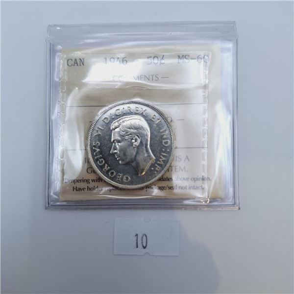 ICCS Graded MS-60 1946 50 Cent Canadian 80% Silver Coin