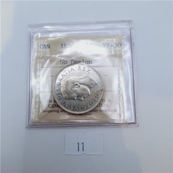 ICCS Graded VF-30 1950 No Design 50 Cent Canadian 80% Silver Coin