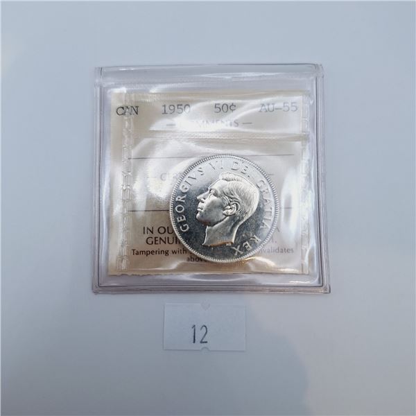 ICCS Graded AU-55 1950 50 Cent Canadian 80% Silver Coin