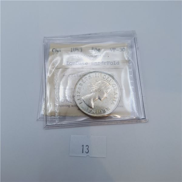 ICCS Graded VF-30 1953 50 Cent Canadian 80% Silver Coin