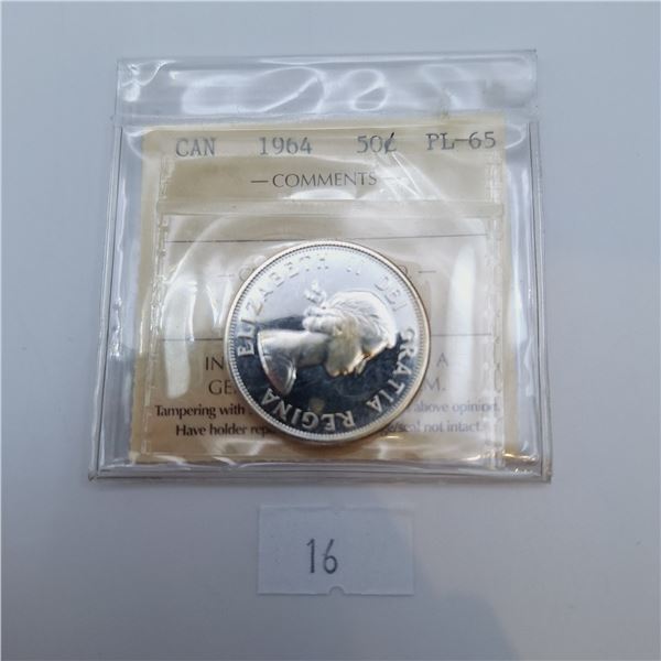 ICCS Graded PL-65 1964 50 Cent Canadian 80% Silver Coin