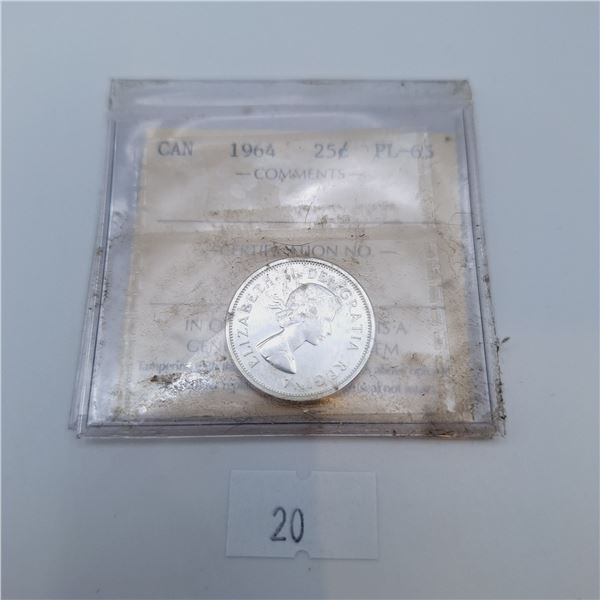 ICCS Graded PL-65 1964 25 Cent Canadian 80% Silver Coin