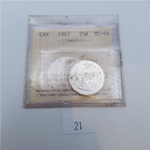 ICCS Graded MS-64 1967 25 Cent Canadian 80% Silver Coin