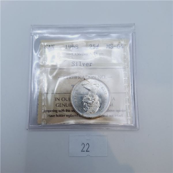ICCS Graded MS-64 1968 25 Cent Canadian 50% Silver Coin
