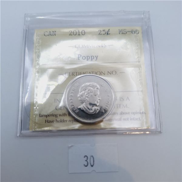 ICCS Graded MS-66 2010 Poppy 25 Cent Canadian Coin