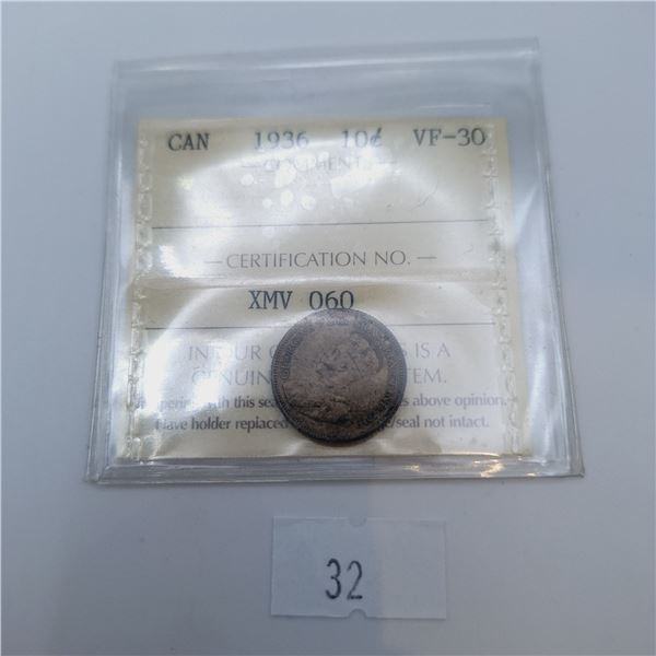 ICCS Graded VF-30 1936 10 Cent Canadian 80% Silver Coin