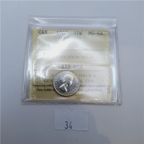 ICCS Graded MS-64 1960 10 Cent Canadian 80% Silver Coin