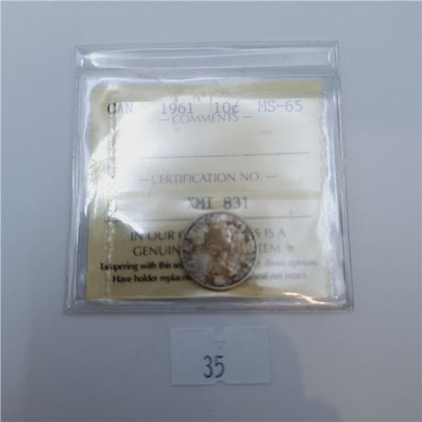 ICCS Graded MS-65 1961 10 Cent Canadian 80% Silver Coin
