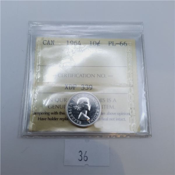 ICCS Graded PL-66 1964 10 Cent Canadian 80% Silver Coin