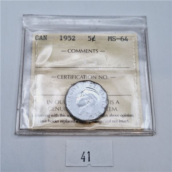 ICCS Graded MS-64 1952 5 Cent Canadian Coin