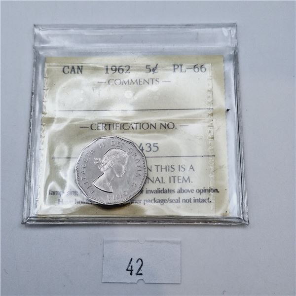 ICCS Graded PL-66 1962 5 Cent Canadian Coin