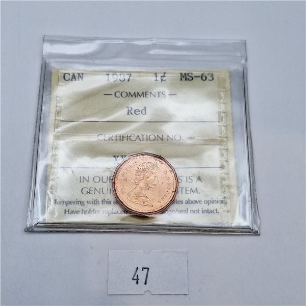 ICCS Graded MS-63 1987 1 Cent Canadian Coin