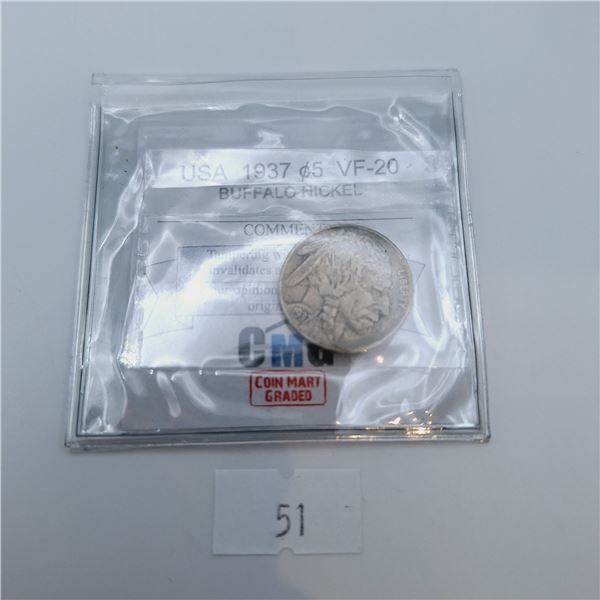 CMG Graded VF-20 1937 USA Buffalo Nickel