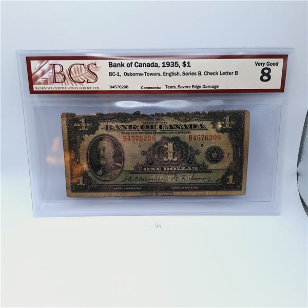 BCS Graded Very Good 8 1935 Bank of Canada English Series B $1 Banknote