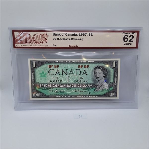 BCS Graded Choice Uncirculated 62 Bank of Canada 1967 $1 Centennial Note