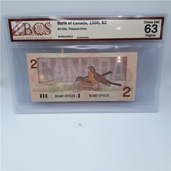 BCS Graded Choice Uncirculated 63 Bank of Canada 1986 $2 Banknote