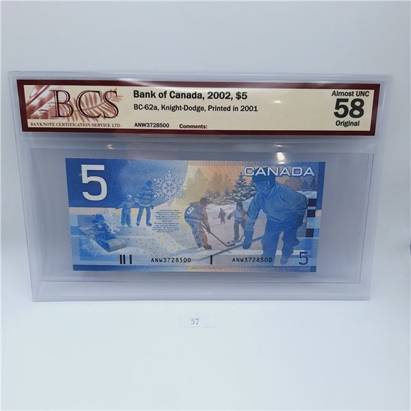 BCS Graded Almost UNC 58 Bank of Canada 2002 $5 Banknote