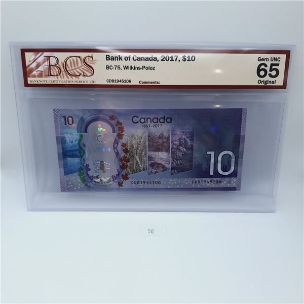BCS Graded Gem UNC 65 Bank of Canada 2017 $10 Banknote