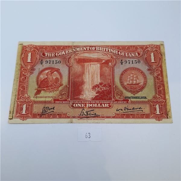 1938 Government of British Guiana One Dollar Banknote King George VI