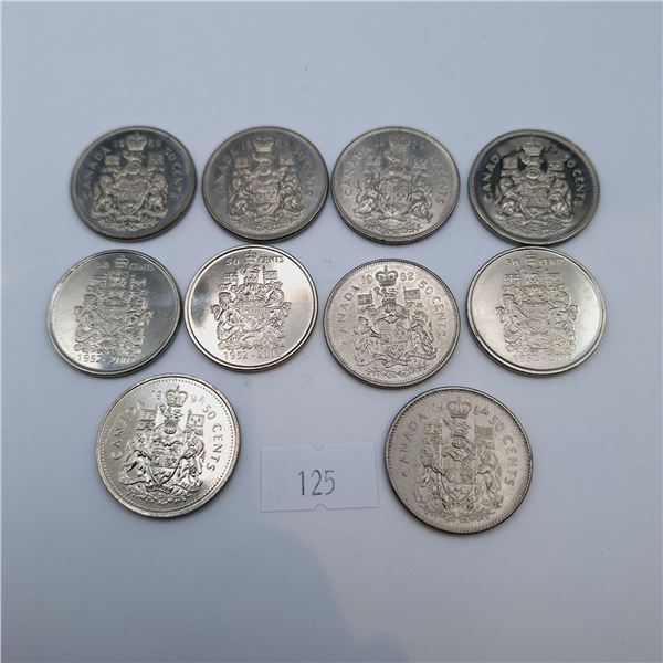 Ten Canadian Fifty Cent Coins