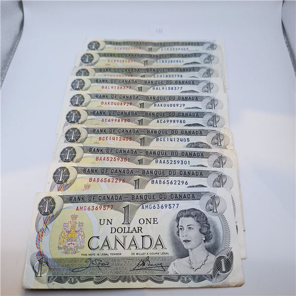 Ten Canadian One Dollar Bills