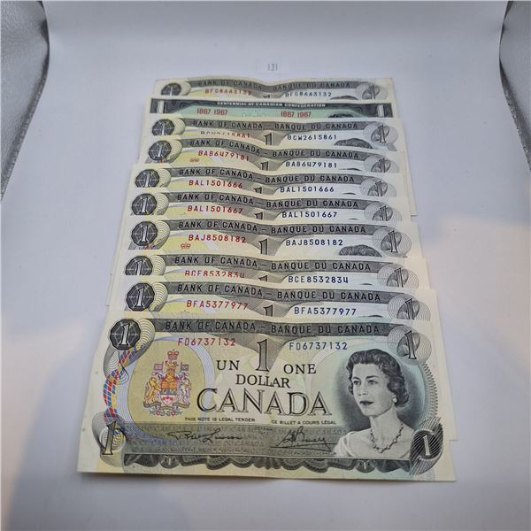 Ten Canadian One Dollar Bills