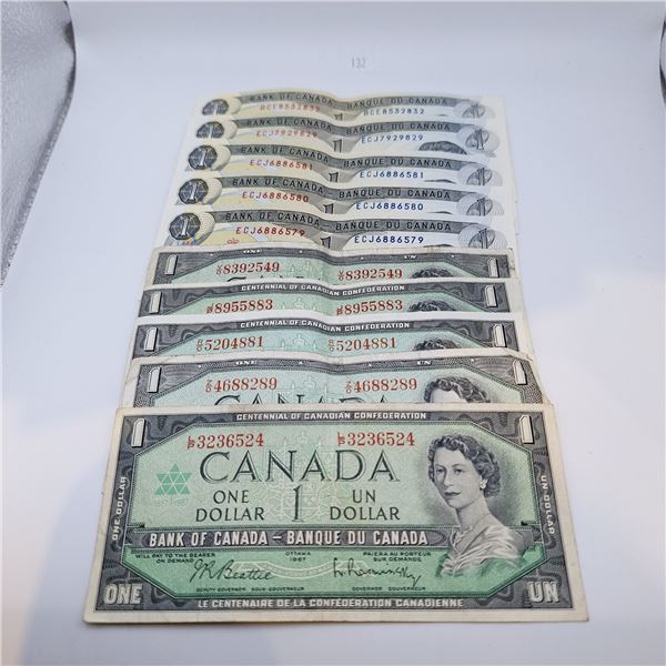 Ten Canadian One Dollar Bills