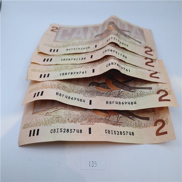 Five Canadian Two Dollar Bills