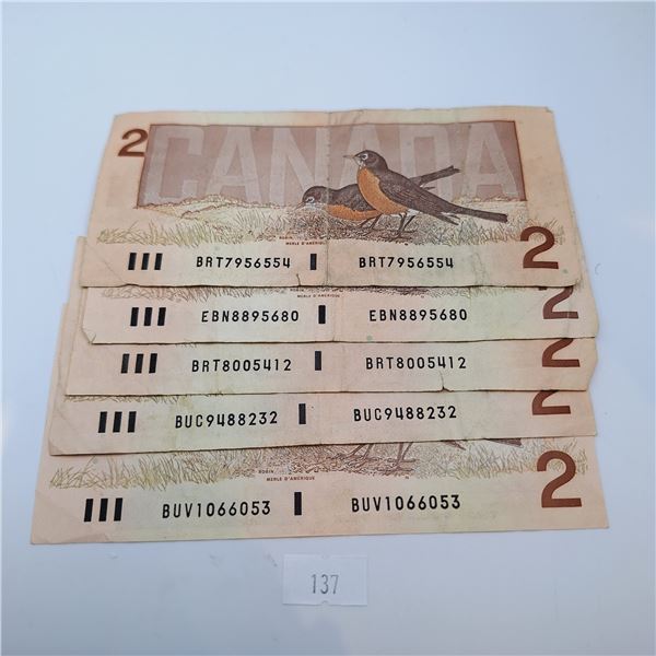 Five Canadian Two Dollar Bills